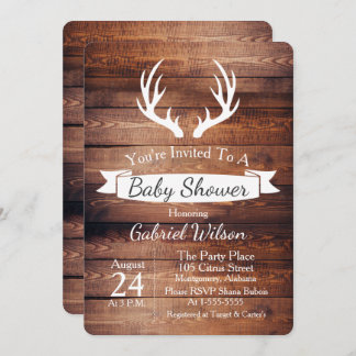 Rustic Barn Wood Antlers White Ribbon Baby Shower Invitation