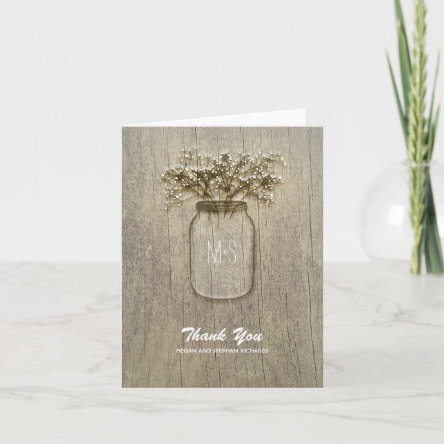 rustic barn wood baby's breath mason jar thank you (Front)