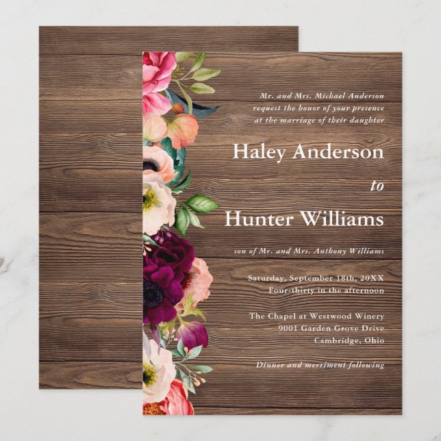 Rustic Barn Wood Boho Botanical Wedding Invitation (Front/Back)
