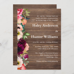 Rustic Barn Wood Boho Botanical Wedding Invitation