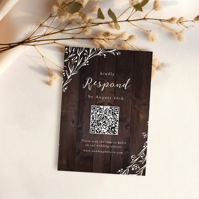 Rustic Barn Wood Boho Floral Country QR code RSVP Card (Rustic Barn Wood Boho Floral Country QR code RSVP Card)