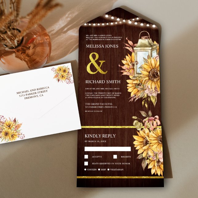 Rustic Barn Wood Boho Lantern Sunflowers Wedding All In One Invitation (Creator Uploaded)