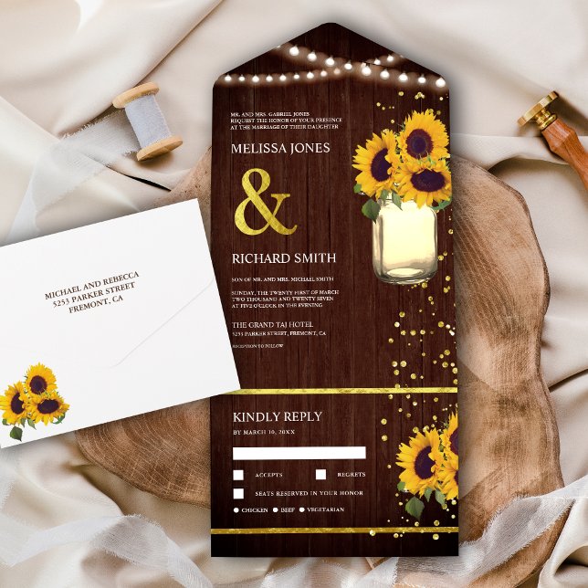 Rustic Barn Wood Boho Mason Jar Sunflowers Wedding All In One Invitation (Creator Uploaded)