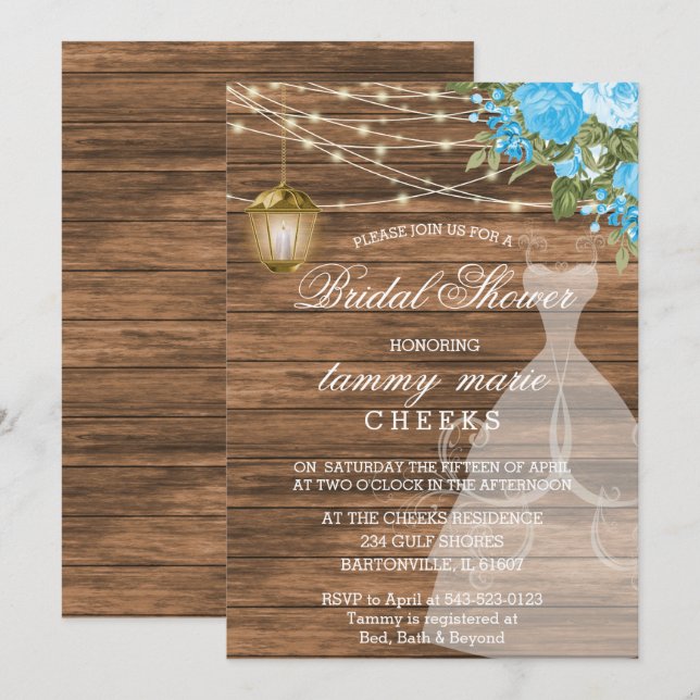 Rustic Barn Wood Bridal Shower - Baby Blue Invitation (Front/Back)