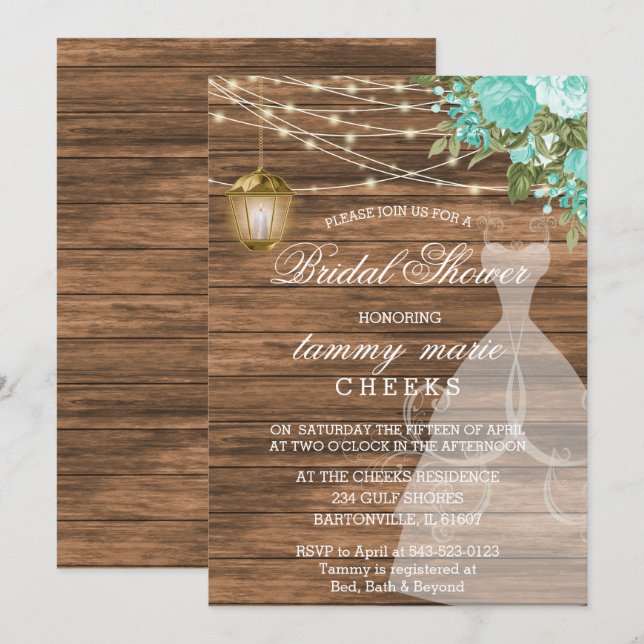 Rustic Barn Wood Bridal Shower - Teal Invitation (Front/Back)