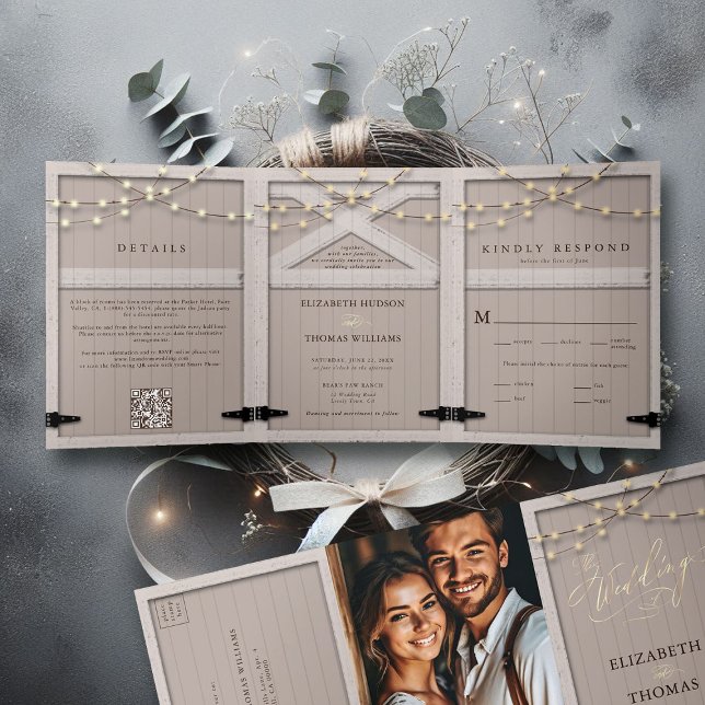Rustic Barn Wood Calligraphy Elegant Photo Wedding Tri-Fold Invitation (rustic barn wedding invitation tri fold all in one white ivory wood country barn cottage farmhouse)
