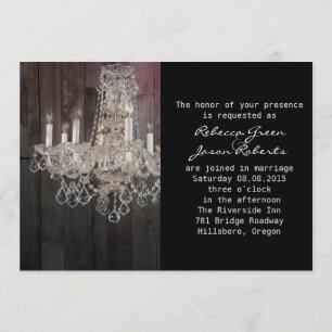 Rustic barn wood chandelier wedding invitation