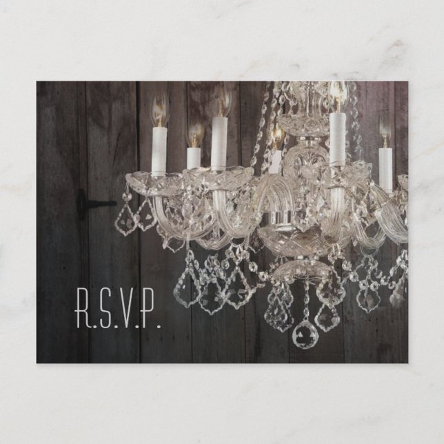 Rustic barn wood chandelier wedding response RSVP Invitation Postcard (Front)