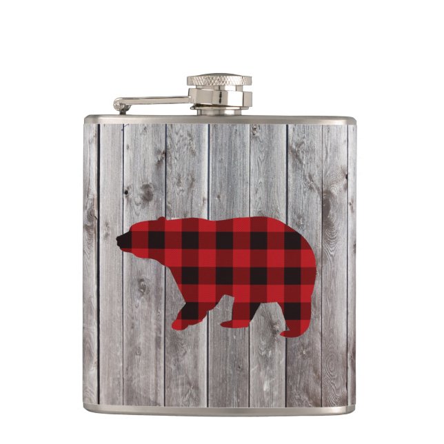 rustic barn wood christmas red buffalo plaid bear hip flask (Front)