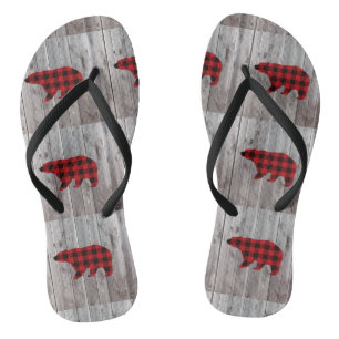 rustic barn wood christmas red buffalo plaid bear thongs