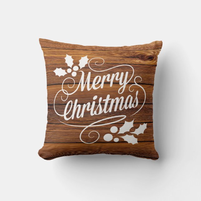 Rustic Barn Wood Christmas Typography Cushion (Front)
