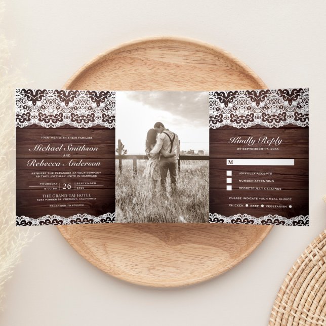 Rustic Barn Wood Country Lace All in One Wedding Tri-Fold Invitation (Creator Uploaded)
