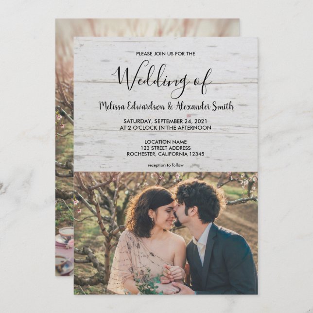 Rustic barn wood country photo wedding invitation (Front/Back)
