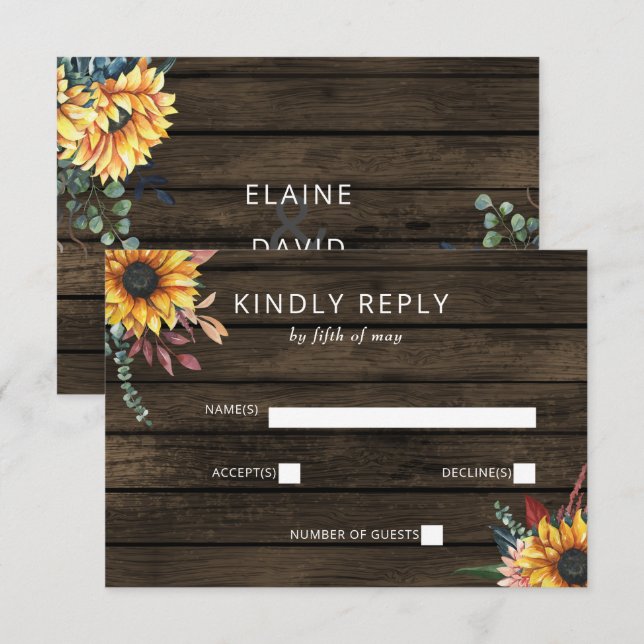 Rustic Barn Wood Country Sunflowers Wedding RSVP Card (Front/Back)