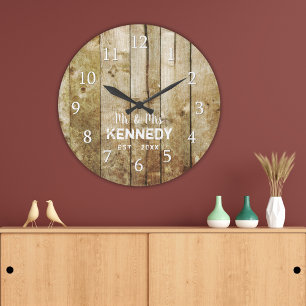 Rustic Barn Wood Couple Name Wedding Anniversary Large Clock
