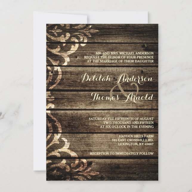 Rustic Barn Wood Damask Vintage Wedding Invitation (Front)