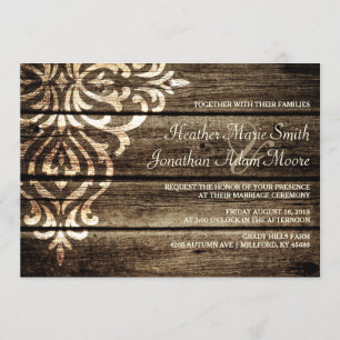 Rustic Barn Wood Damask Vintage Wedding Invitation