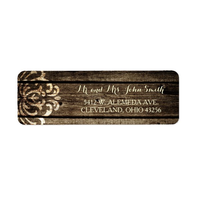 Rustic Barn Wood Damask Vintage Wedding Labels (Front)