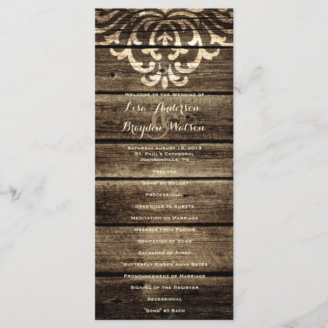 Rustic Barn Wood Damask Vintage Wedding Program (Front)