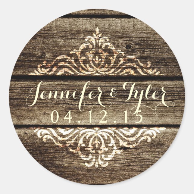 Rustic Barn Wood Damask Vintage Wedding Sticker (Front)