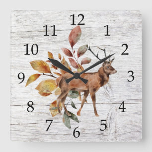 Rustic Barn Wood Deer Antlers Fall Foliage Square Wall Clock