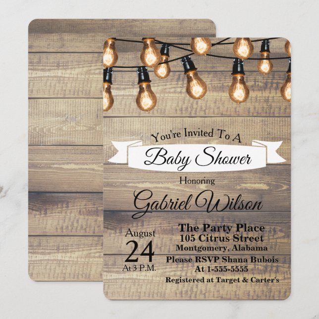 Rustic Barn Wood Edison Bulbs & Ribbon Baby Shower Invitation (Front/Back)