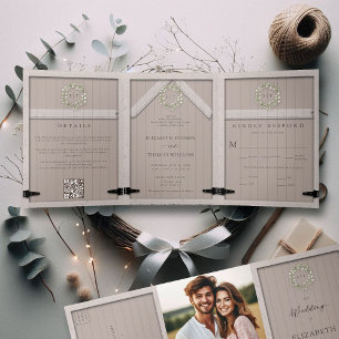 Rustic Barn Wood Eucalyptus Crest Elegant Wedding Tri-Fold Invitation
