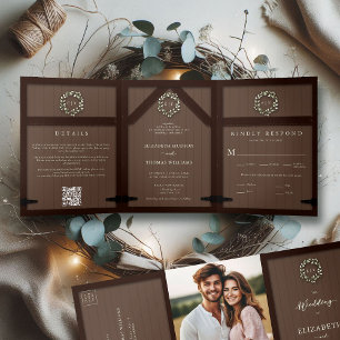 Rustic Barn Wood Eucalyptus Crest Formal Wedding Tri-Fold Invitation