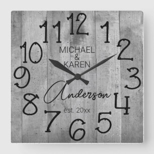 Rustic Barn Wood Farmhouse Custom Family Name Squa Square Wall Clock
