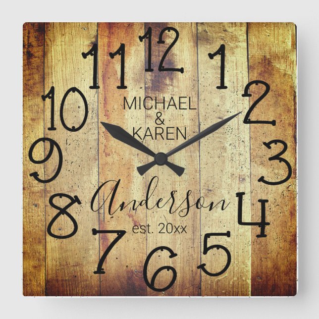Rustic Barn Wood Farmhouse Custom Family Name Square Wall Clock (Front)