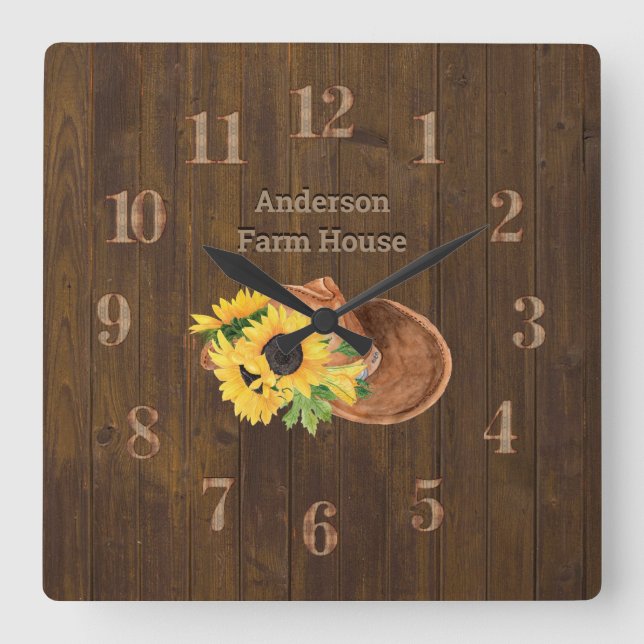 Rustic  Barn Wood Farmhouse Hat Sunflowers Square Wall Clock (Front)
