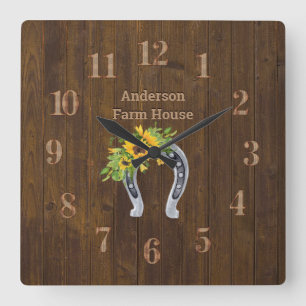 Rustic  Barn Wood Farmhouse Horseshoe Sunflowers Square Wall Clock