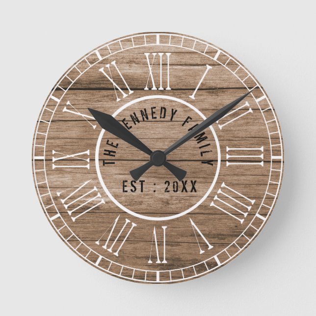 Rustic Barn Wood Farmhouse White Roman Numerals Round Clock (Front)