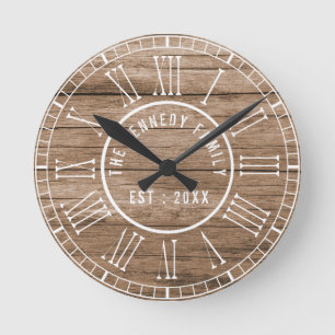 Rustic Barn Wood Farmhouse White Roman Numerals Round Clock