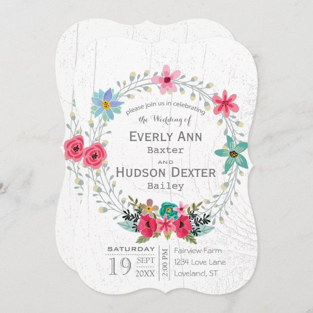 Rustic Barn Wood Floral Garland Wreath Invitation (Front/Back)