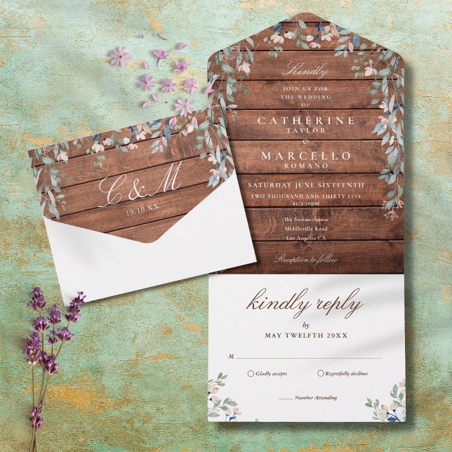 Rustic Barn Wood Floral Greenery Cascade Wedding All In One Invitation (Creator Uploaded)