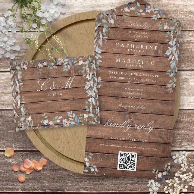 Rustic Barn Wood Floral Greenery QR Code Wedding A All In One Invitation (Rustic Barn Wood Floral Greenery QR Code Wedding A All In One Invitation)