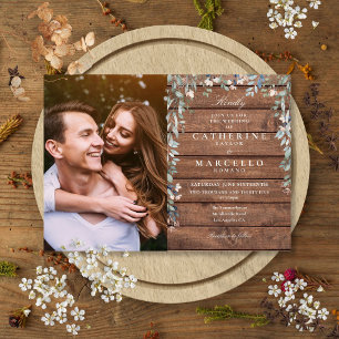 Rustic Barn Wood Floral Wildflowers Photo Wedding Invitation