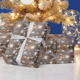 Rustic Barn Wood, frosty silver snowflakes  Wrapping Paper