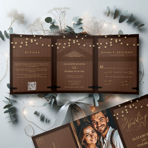 Rustic Barn Wood Gold Calligraphy Elegant Wedding Tri-Fold Invitation