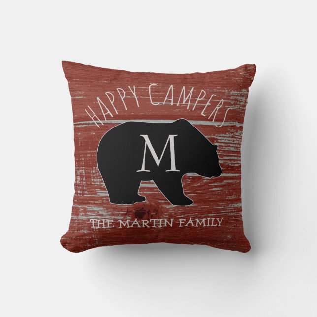 Rustic Barn Wood | Happy Campers Bear Monogram Cushion (Front)