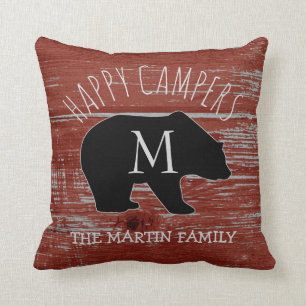Rustic Barn Wood   Happy Campers Bear Monogram Cushion
