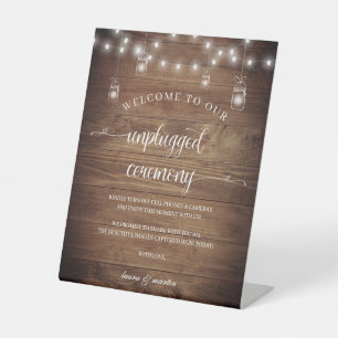 Rustic Barn Wood Heart Script Unplugged Ceremony Pedestal Sign