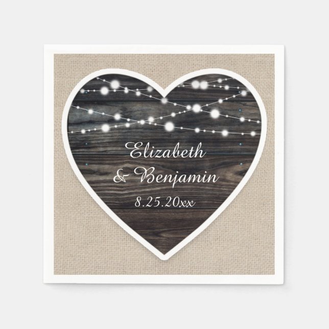 Rustic Barn Wood Heart String Lights Wedding Napkin (Front)