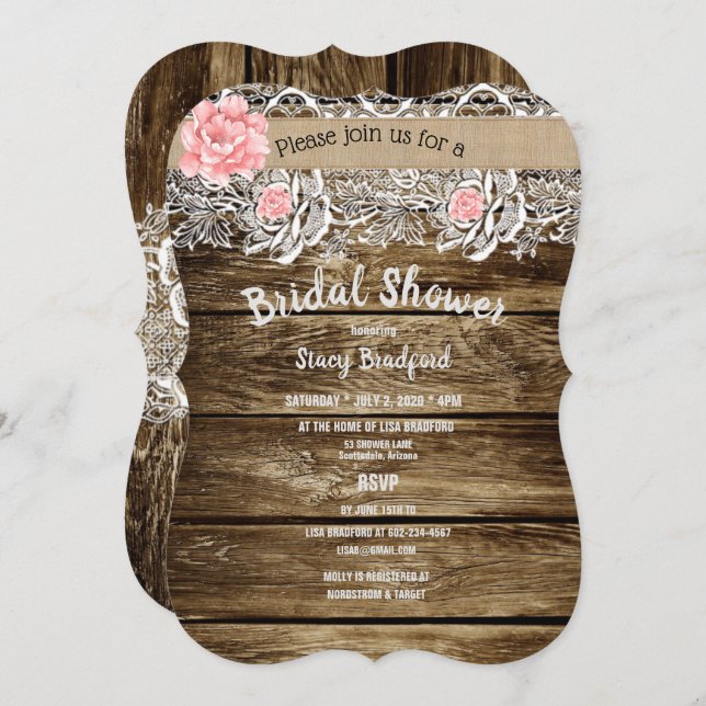 Rustic Barn Wood & Lace Bridal Shower Invitation (Front/Back)