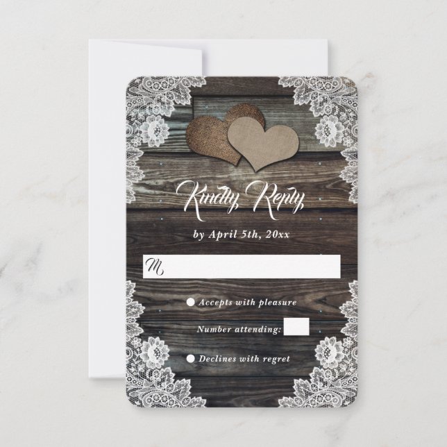 Rustic Barn Wood Lace Burlap Hearts Wedding RSVP Card (Front)