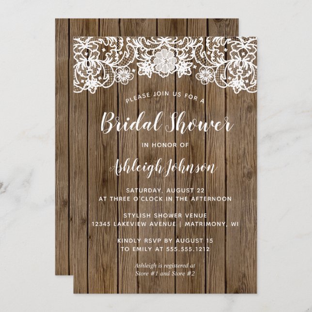 Rustic Barn Wood Lace Calligraphy Bridal Shower Invitation (Front/Back)