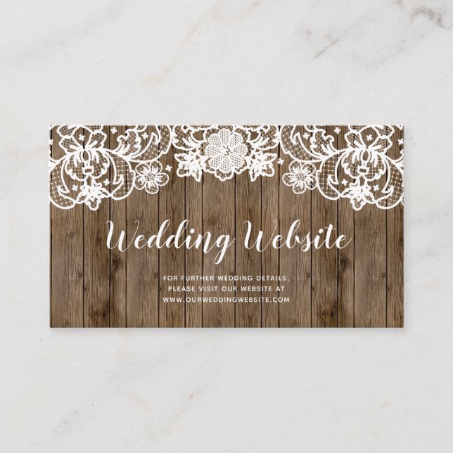 Rustic Barn Wood Lace Calligraphy Wedding Website Enclosure Card (Front)
