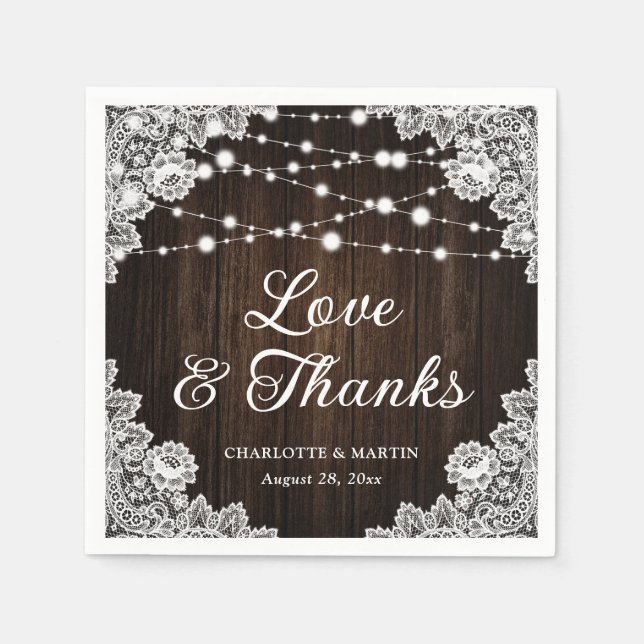 Rustic Barn Wood Lace Love and Thanks Wedding Napkin (Front)