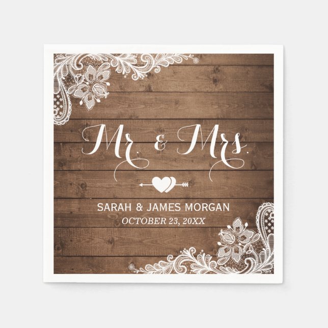 Rustic Barn Wood Lace Mr. and Mrs. Wedding Napkin (Front)